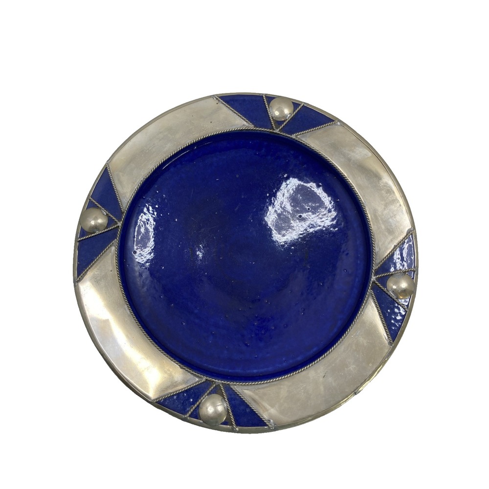 Vtg Handmade 10.75" Moroccan‎ Pottery Bowl Cobalt Blue W/Silver Metal Trim